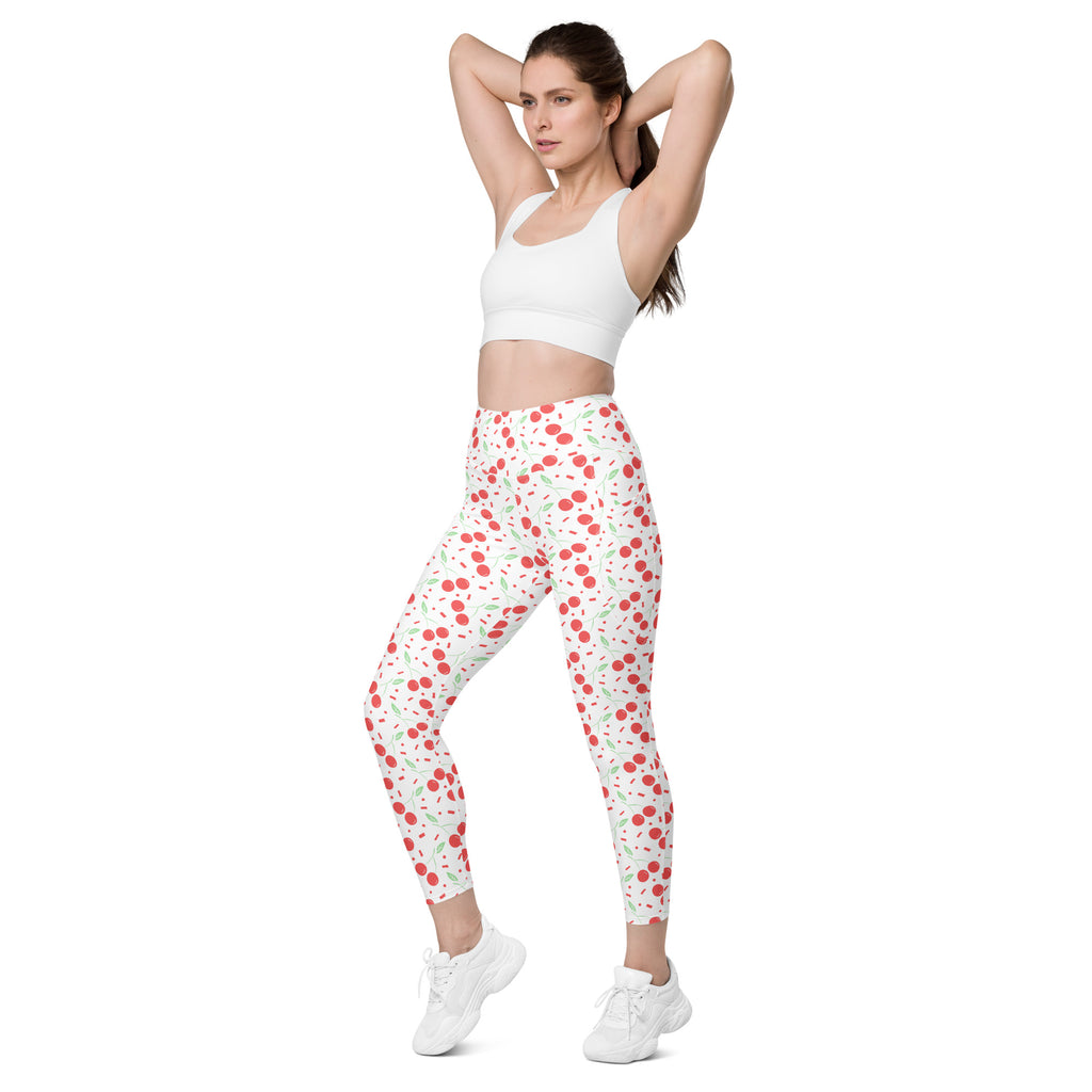 Women’s Cherry Sprinkle Yoga Leggings With Pockets – High-Waisted, Soft Compression Active Pants