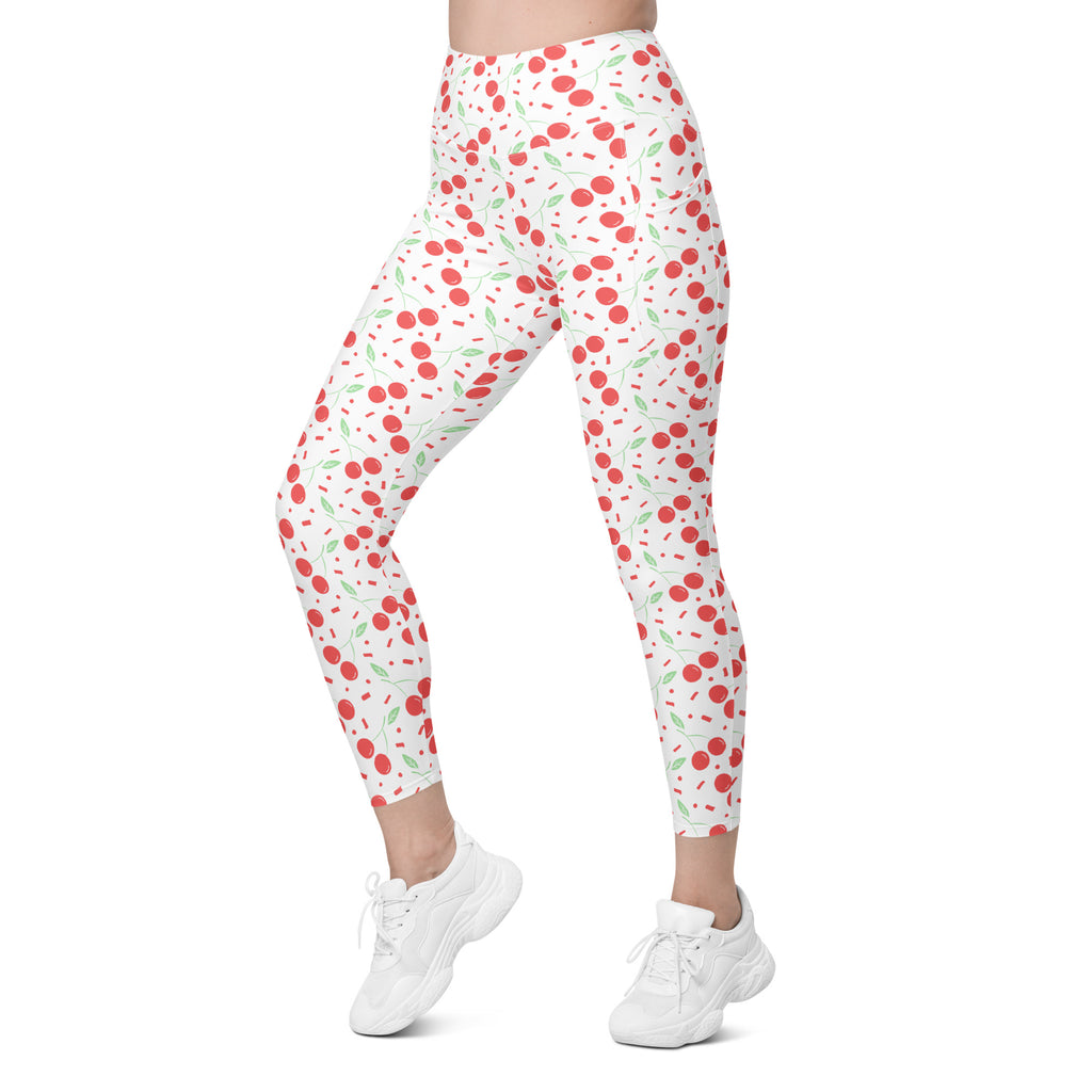 Women’s Cherry Sprinkle Yoga Leggings With Pockets – High-Waisted, Soft Compression Active Pants