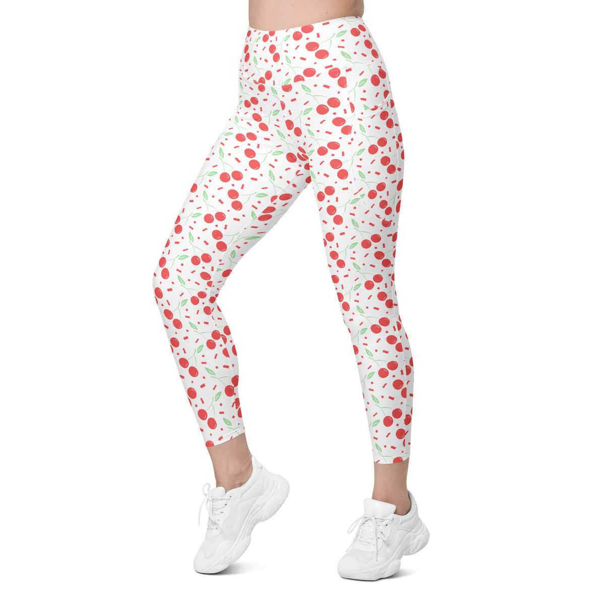 Women’s Cherry Sprinkle Yoga Leggings With Pockets – High-Waisted, Soft Compression Active Pants