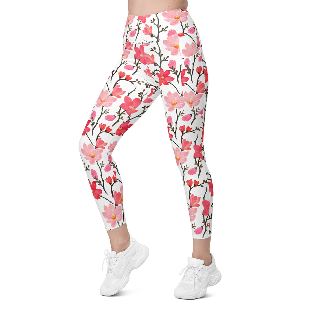 Women’s Pink Watercolor Floral Yoga Leggings With Pockets – High-Waisted, Soft Compression Active Pants