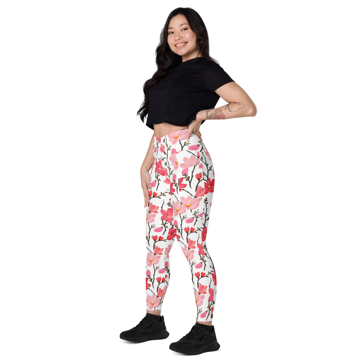 Women’s Pink Watercolor Floral Yoga Leggings With Pockets – High-Waisted, Soft Compression Active Pants