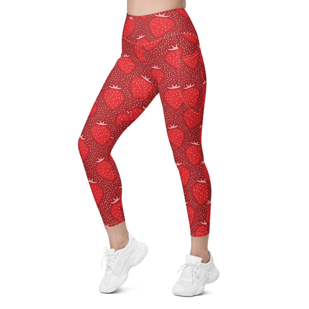 Women’s Strawberry Yoga Leggings With Pockets – High-Waisted, Soft Compression Active Pants