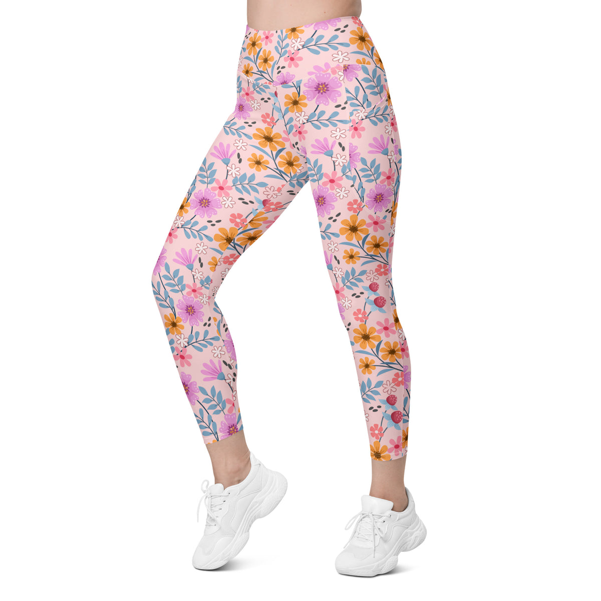 Women’s Colorful Pink Floral Yoga Leggings With Pockets – High-Waisted, Soft Compression Active Pants