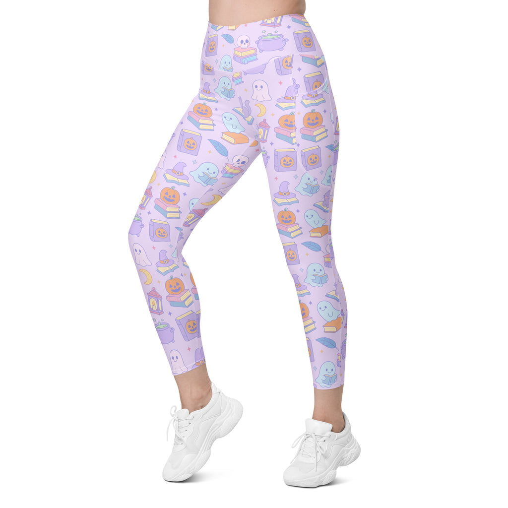 Women’s Purple Halloween Ghost Yoga Leggings With Pockets – High-Waisted, Soft Compression Active Pants