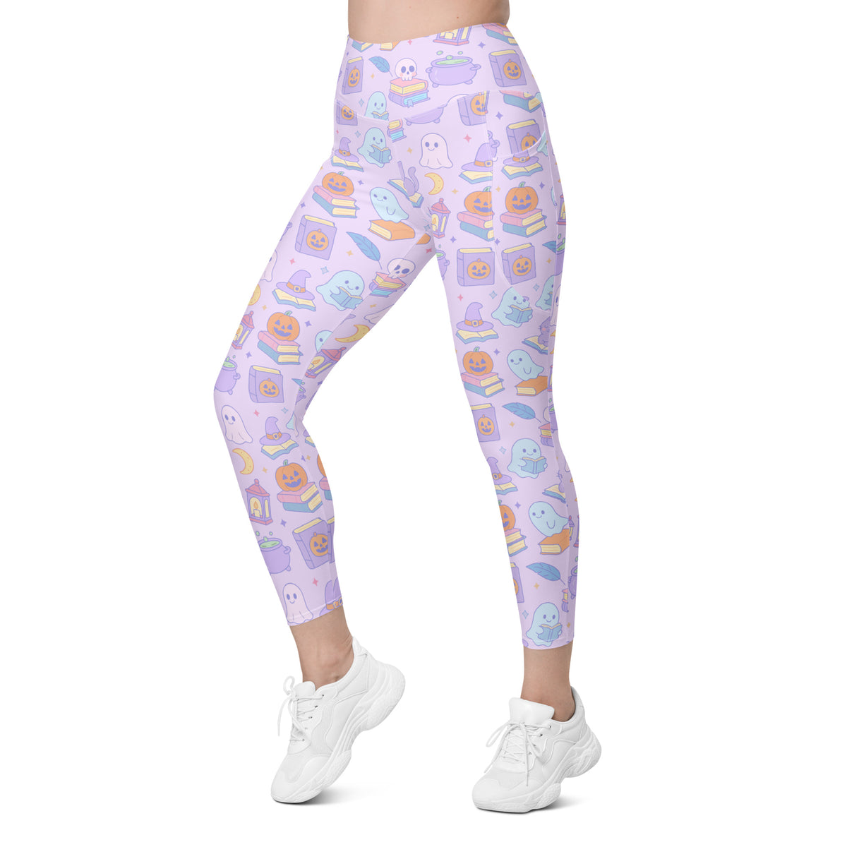 Women’s Purple Halloween Ghost Yoga Leggings With Pockets – High-Waisted, Soft Compression Active Pants