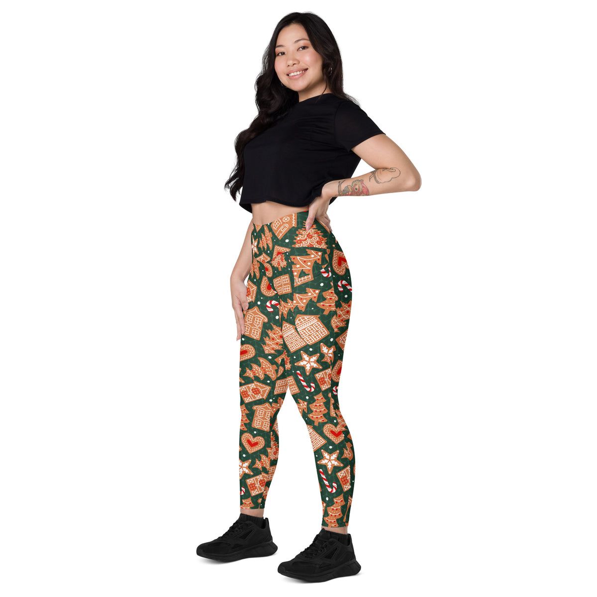 Women’s Green Gingerbread Christmas Yoga Leggings With Pockets – High-Waisted, Soft Compression Active Pants