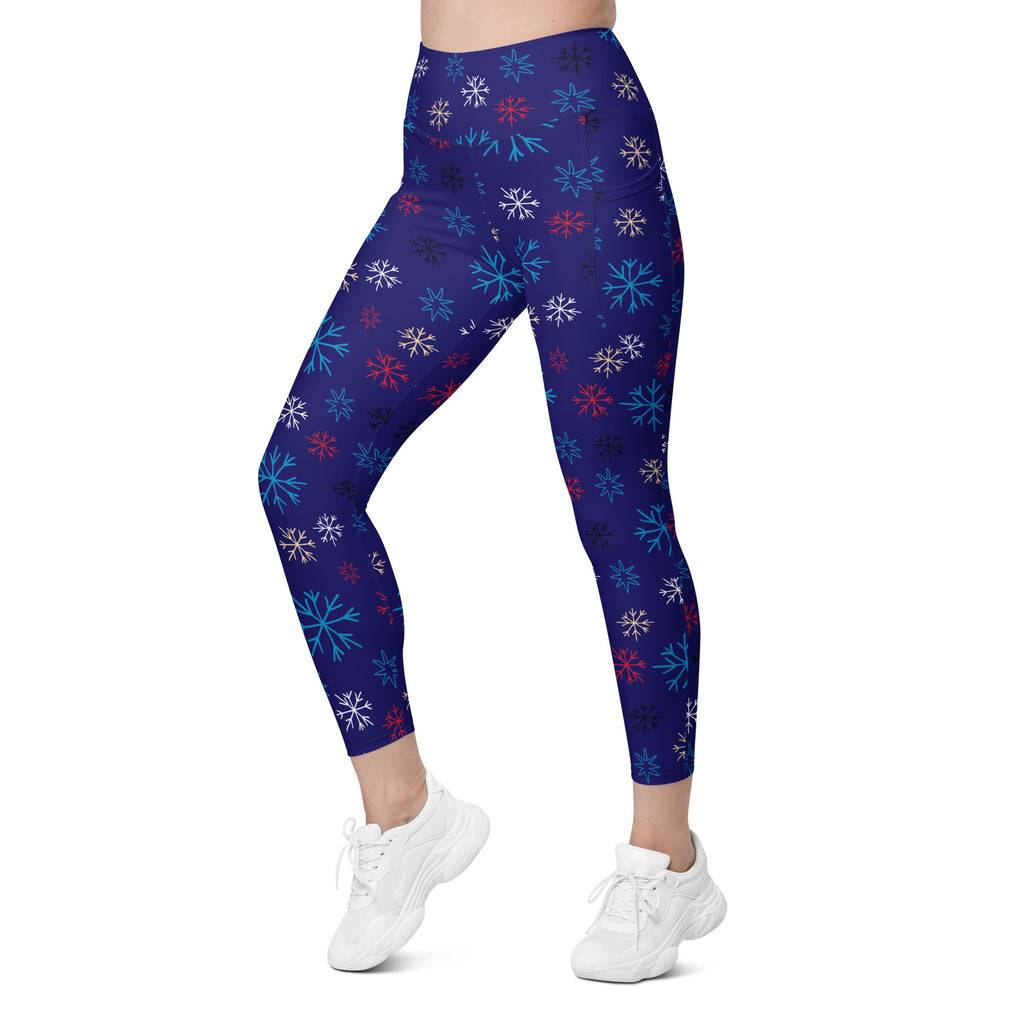 Women’s Blue Snowflake Christmas Yoga Leggings With Pockets – High-Waisted, Soft Compression Active Pants