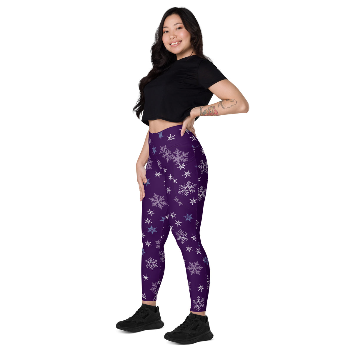 Women’s Purple Snowflake Christmas Yoga Leggings With Pockets – High-Waisted, Soft Compression Active Pants