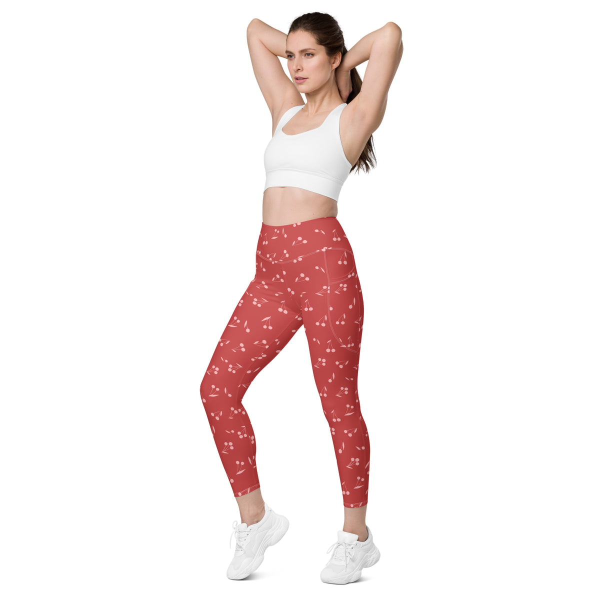 Women’s Red Cherry Yoga Leggings With Pockets – High-Waisted, Soft Compression Active Pants