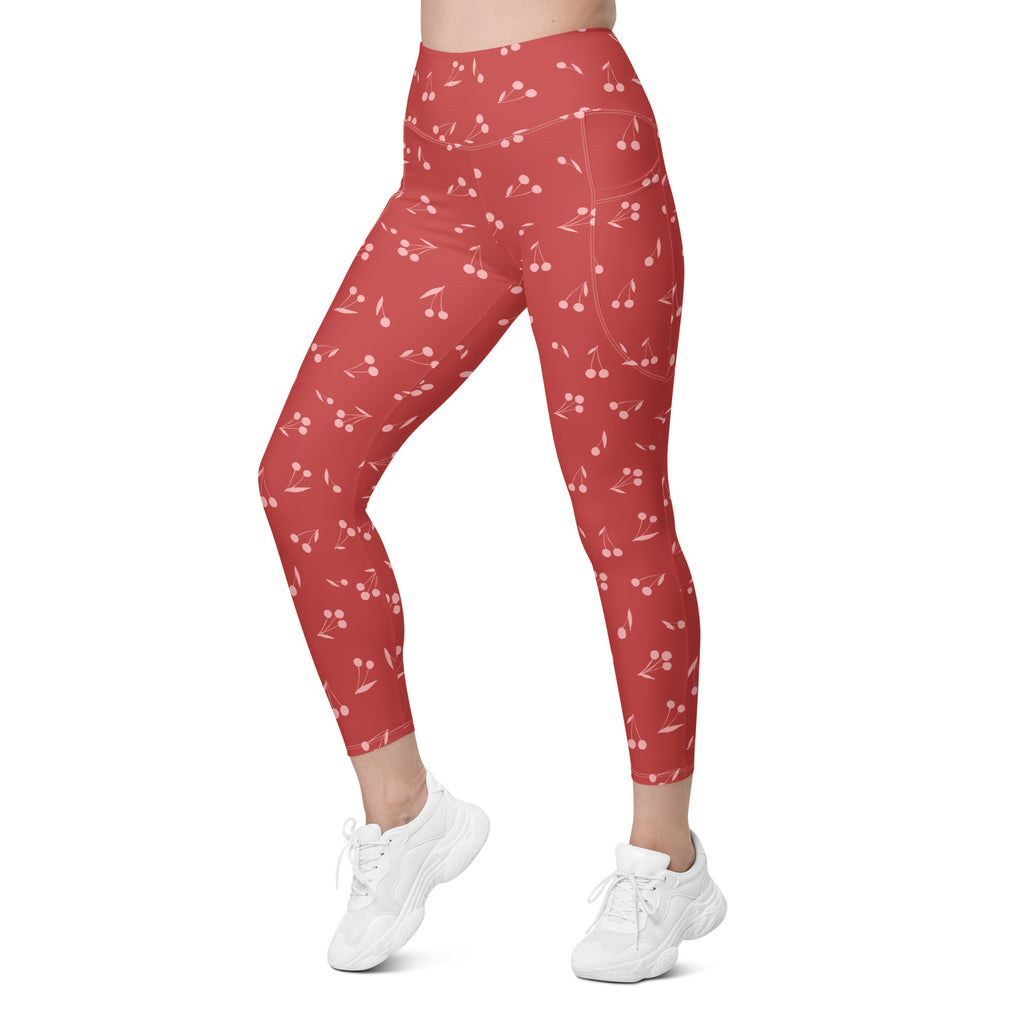 Women’s Red Cherry Yoga Leggings With Pockets – High-Waisted, Soft Compression Active Pants