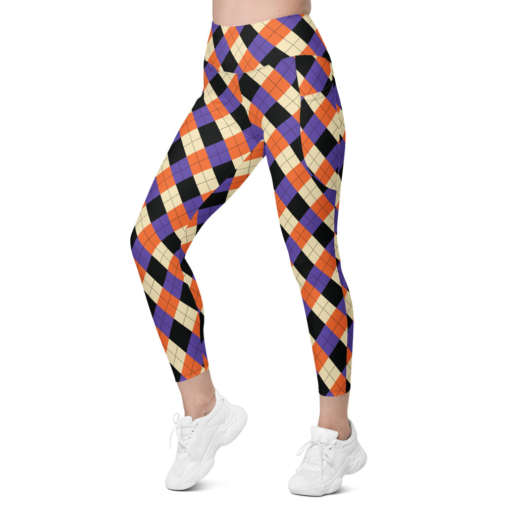 Women’s Halloween Argyle Yoga Leggings With Pockets – High-Waisted, Soft Compression Active Pants