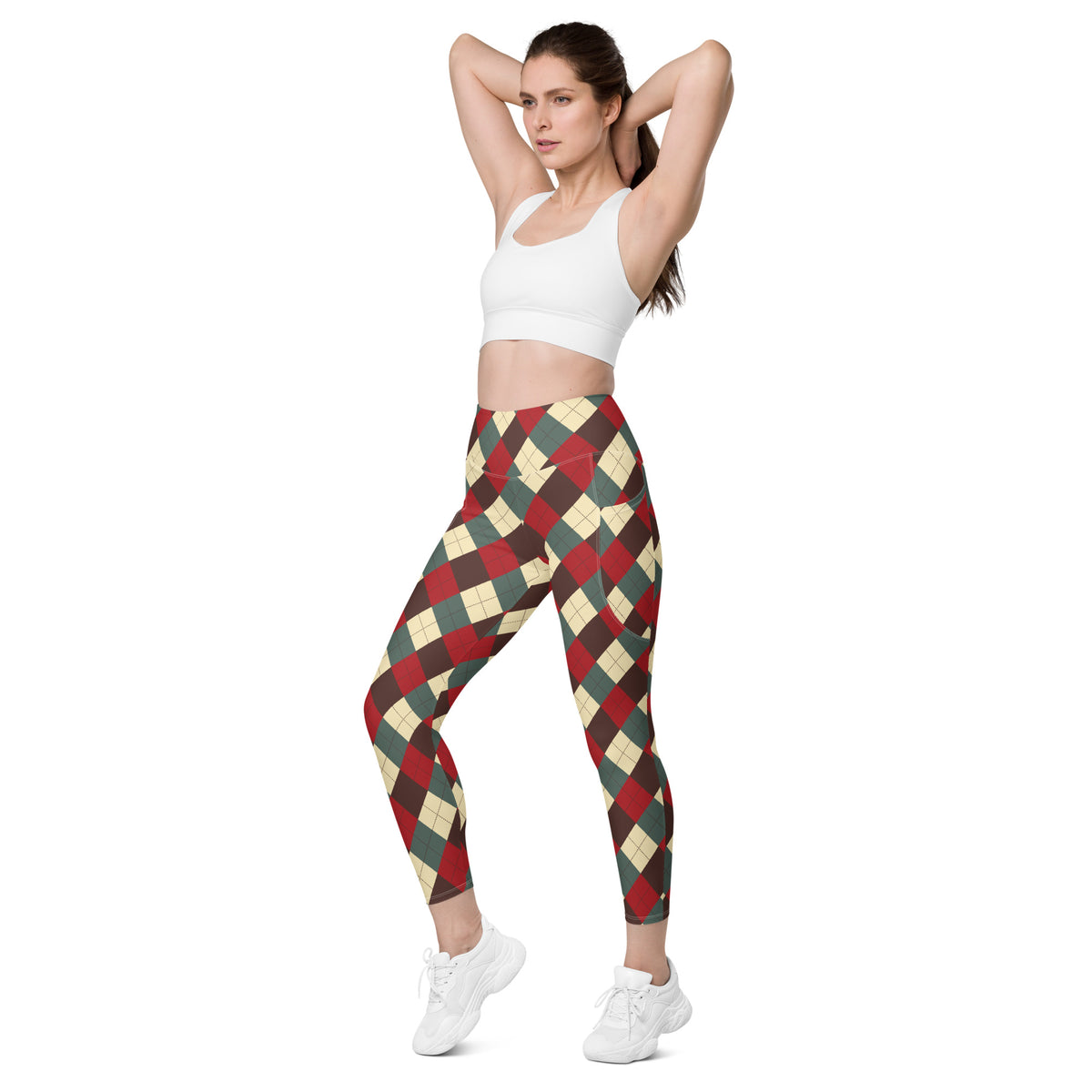 Women’s Vintage Christmas Argyle Yoga Leggings With Pockets – High-Waisted, Soft Compression Active Pants