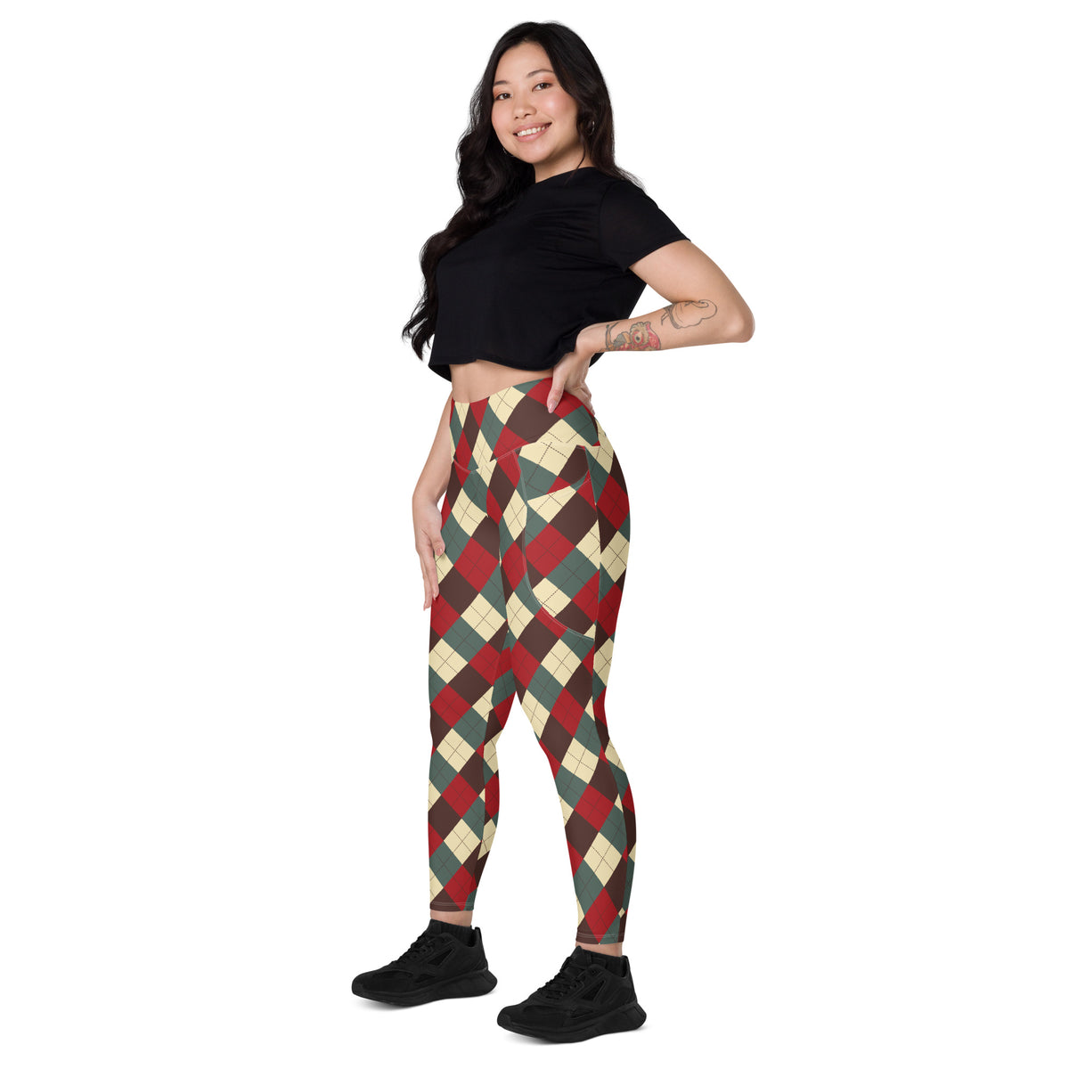 Women’s Vintage Christmas Argyle Yoga Leggings With Pockets – High-Waisted, Soft Compression Active Pants