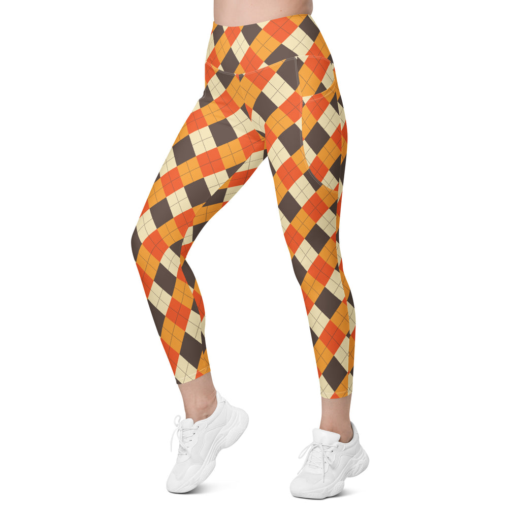 Women’s Autumn Argyle Yoga Leggings With Pockets – High-Waisted, Soft Compression Active Pants