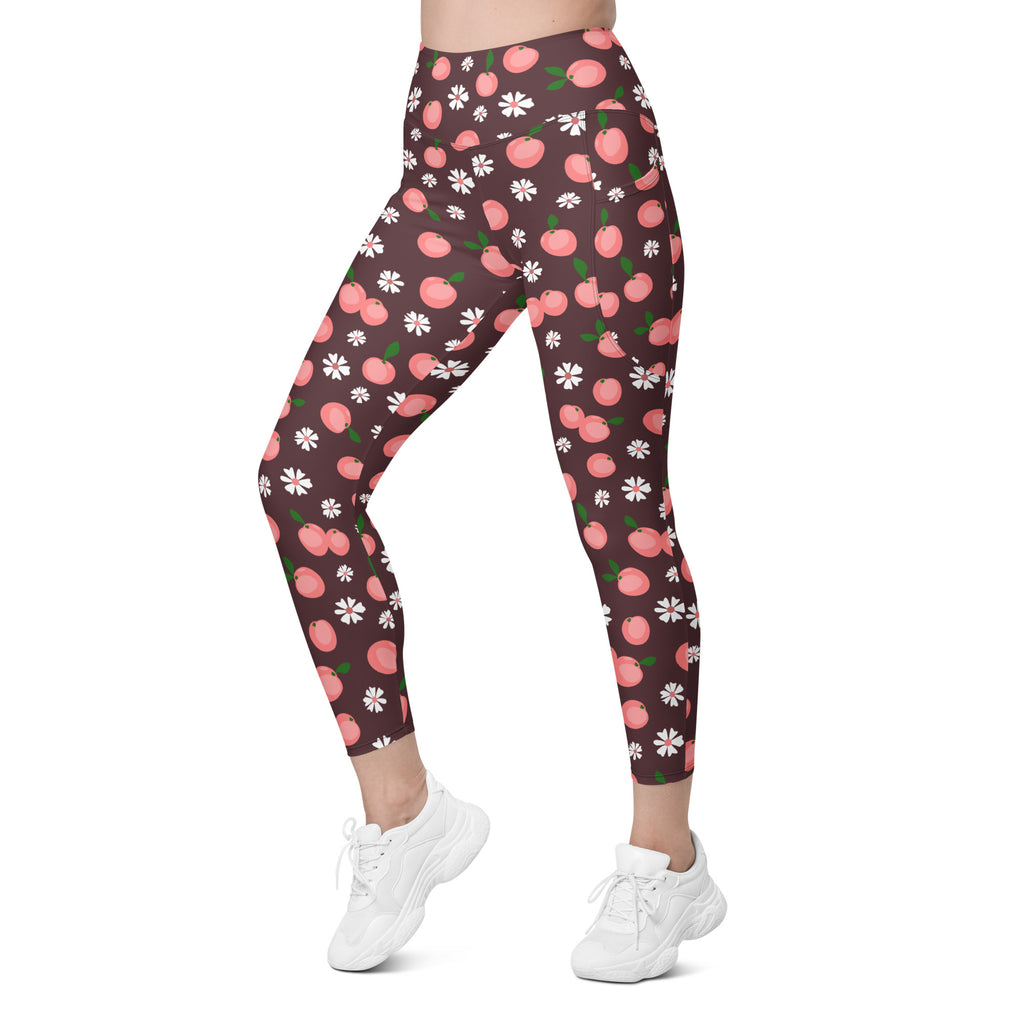 Women’s Peach & Daisy Yoga Leggings With Pockets – High-Waisted, Soft Compression Active Pants