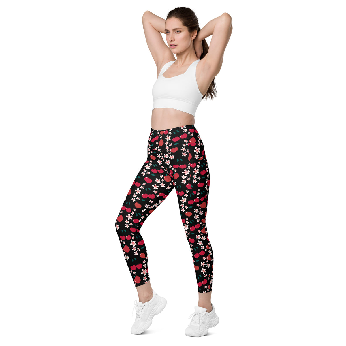 Women’s Apple & Cherry Blossom Yoga Leggings With Pockets – High-Waisted, Soft Compression Active Pants