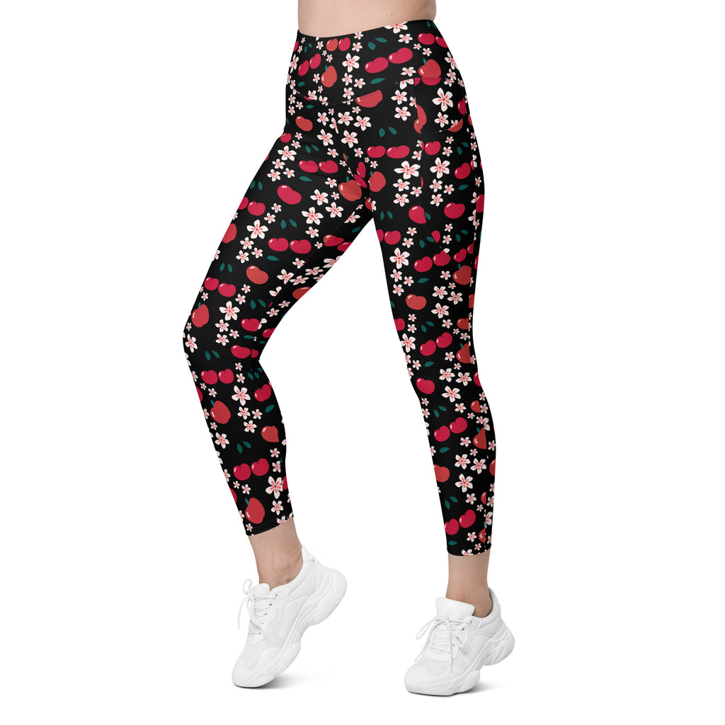 Women’s Apple & Cherry Blossom Yoga Leggings With Pockets – High-Waisted, Soft Compression Active Pants