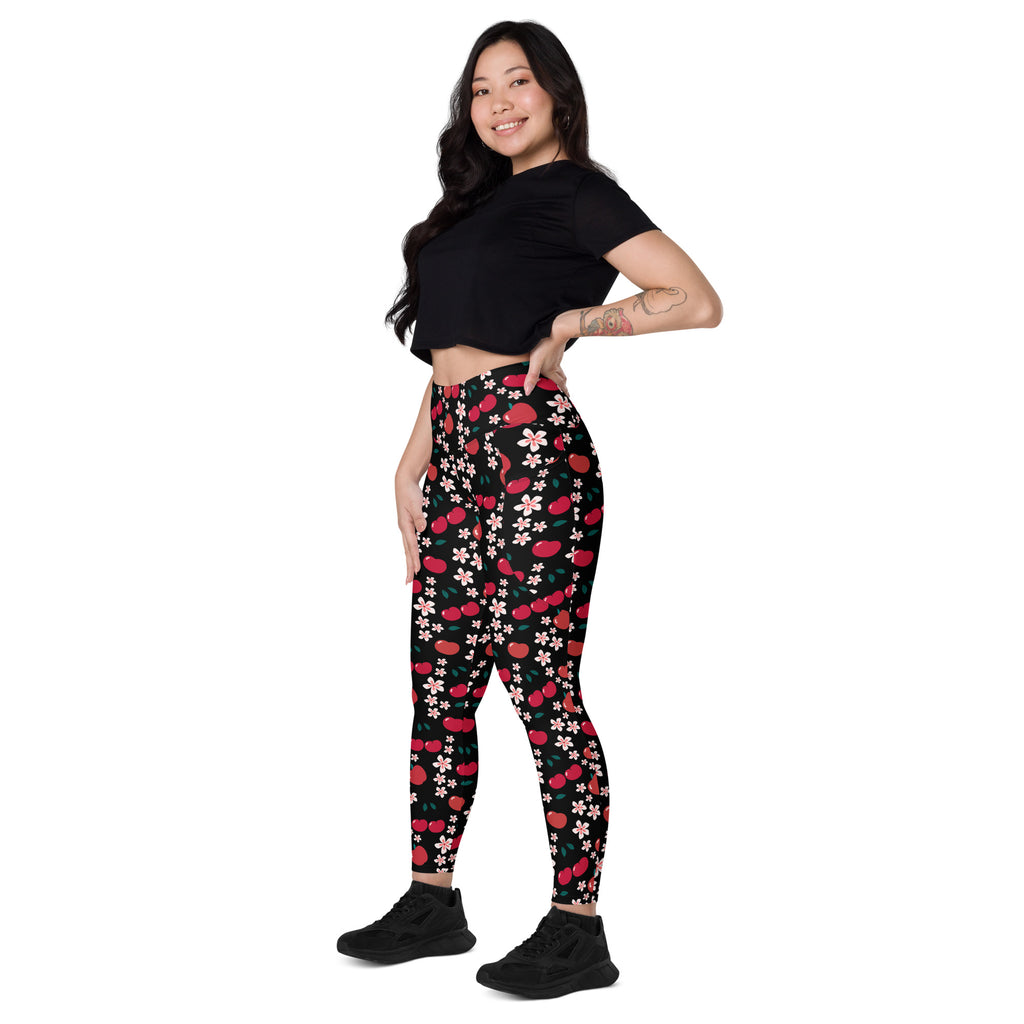 Women’s Apple & Cherry Blossom Yoga Leggings With Pockets – High-Waisted, Soft Compression Active Pants