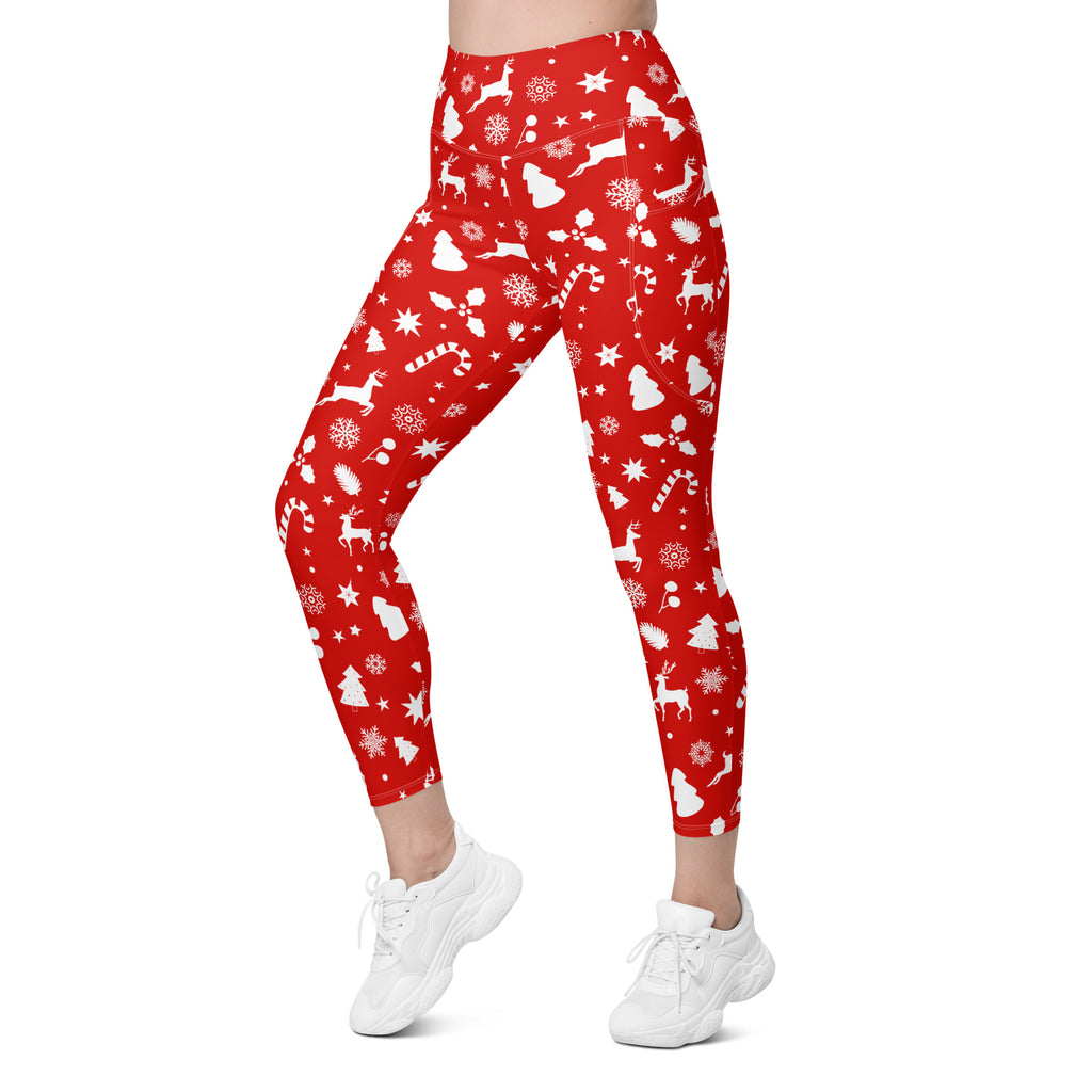 Women’s Red Christmas Yoga Leggings With Pockets – High-Waisted, Soft Compression Active Pants