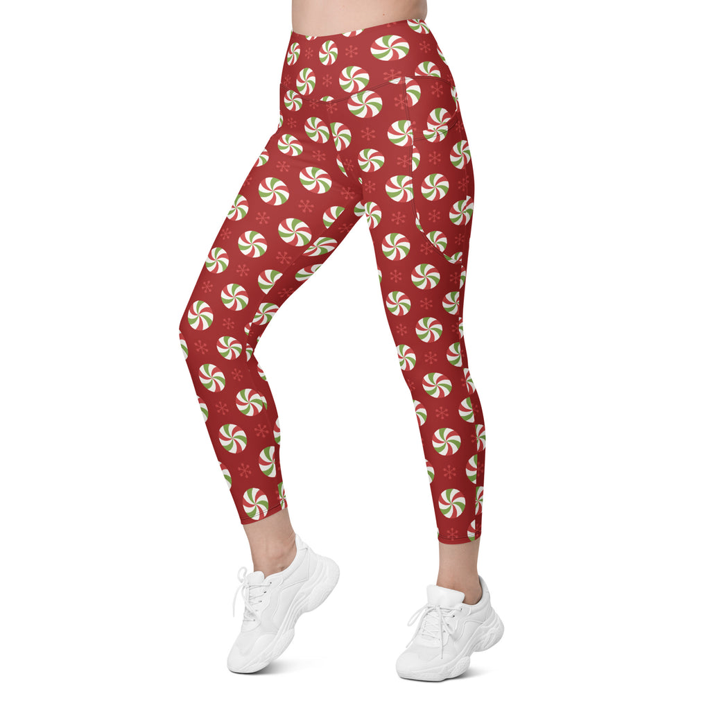 Women’s Peppermint Christmas Yoga Leggings With Pockets – High-Waisted, Soft Compression Active Pants