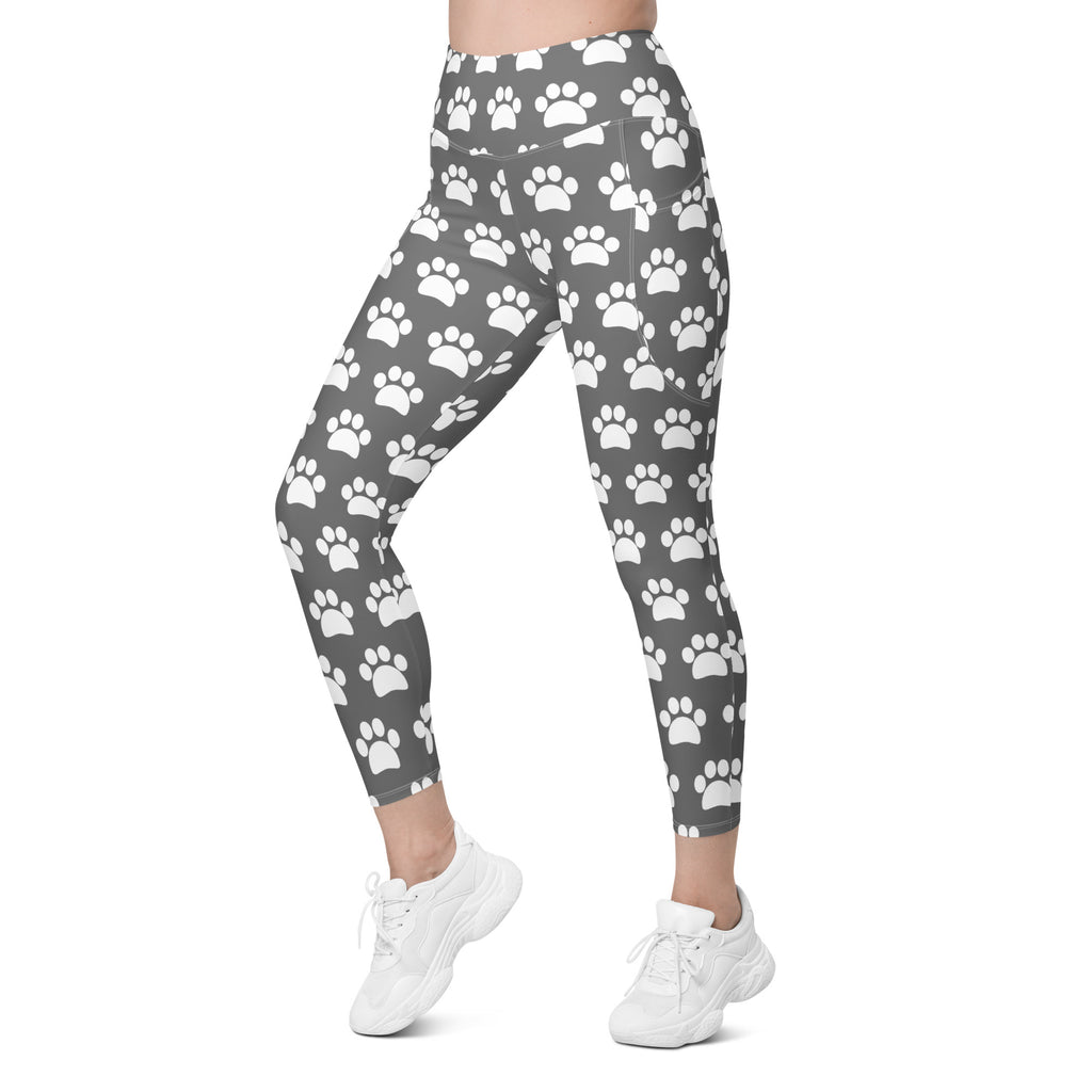 Women’s Gray Paw Print Yoga Leggings With Pockets – High-Waisted, Soft Compression Active Pants