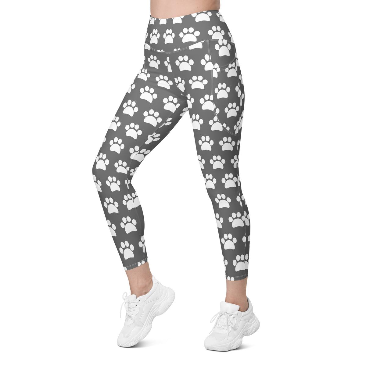 Women’s Gray Paw Print Yoga Leggings With Pockets – High-Waisted, Soft Compression Active Pants