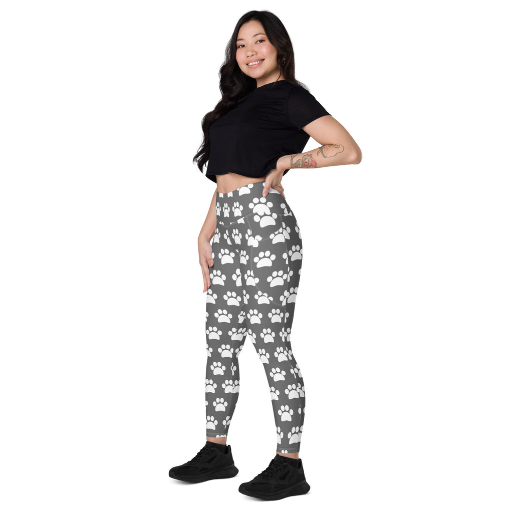 Women’s Gray Paw Print Yoga Leggings With Pockets – High-Waisted, Soft Compression Active Pants