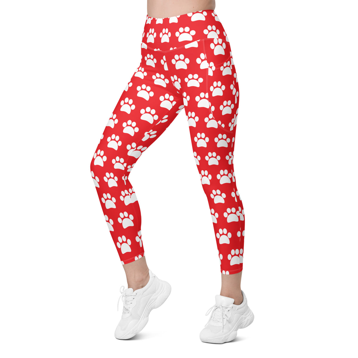 Women’s Red Paw Print Yoga Leggings With Pockets – High-Waisted, Soft Compression Active Pants
