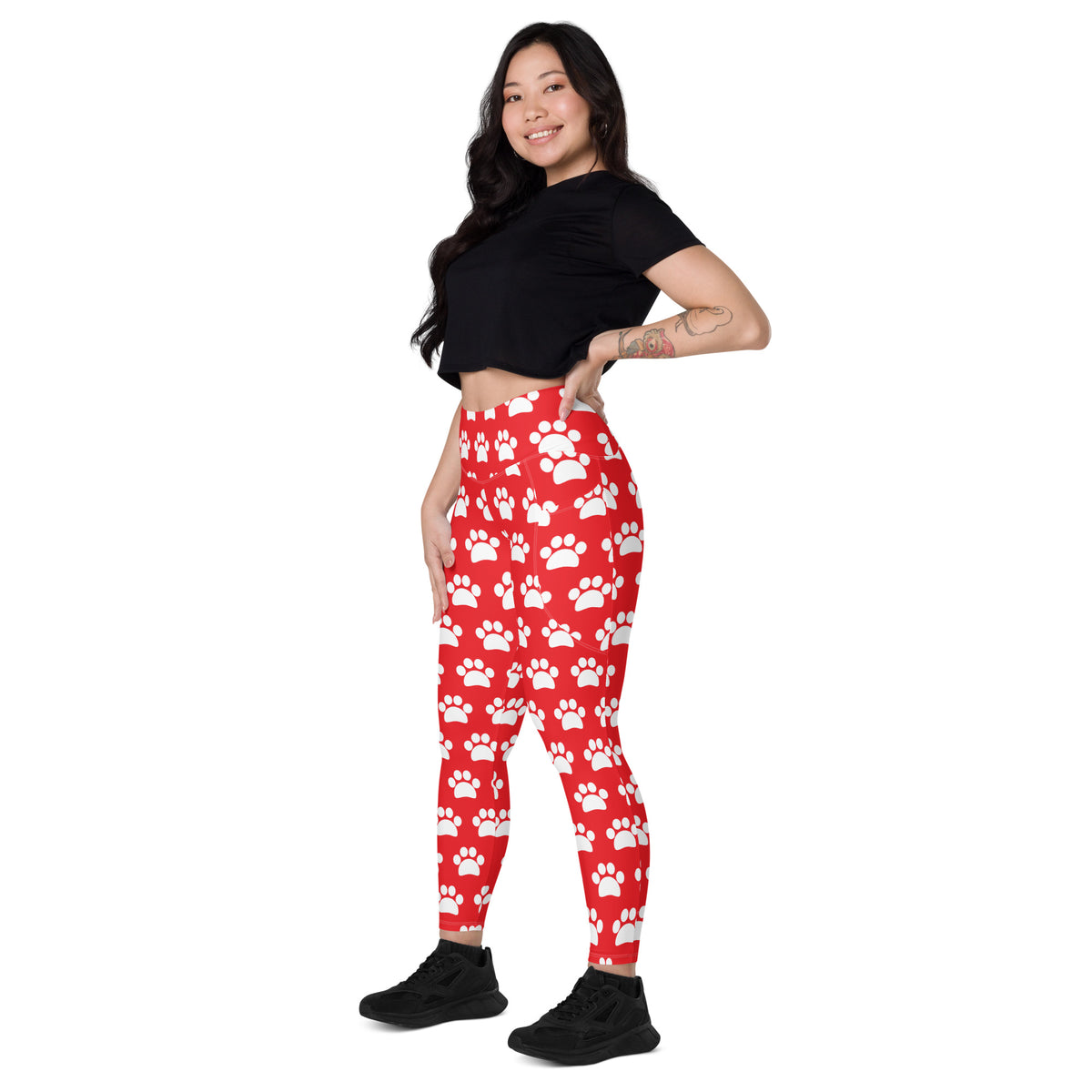 Women’s Red Paw Print Yoga Leggings With Pockets – High-Waisted, Soft Compression Active Pants