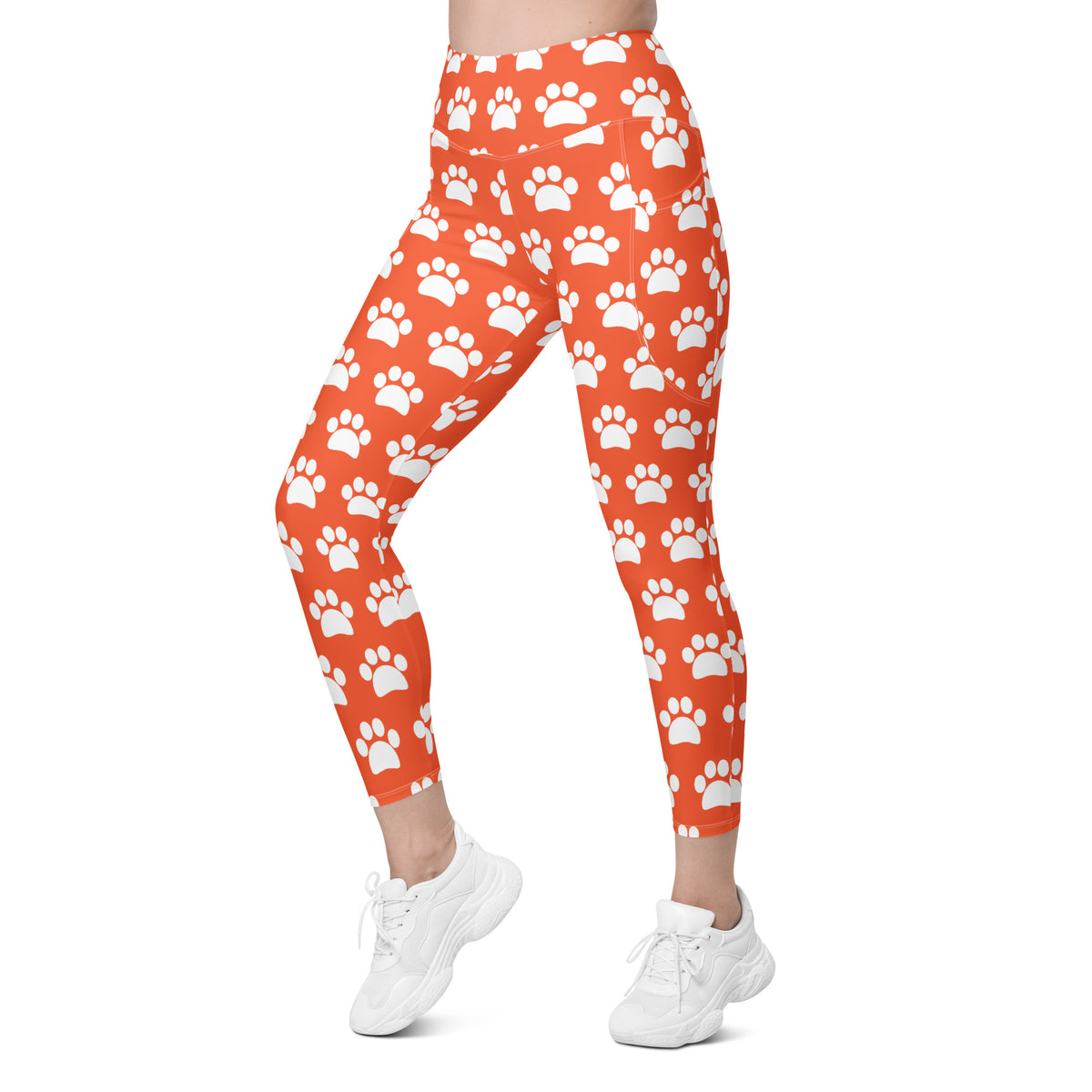 Women’s Bright Orange Paw Print Yoga Leggings With Pockets – High-Waisted, Soft Compression Active Pants
