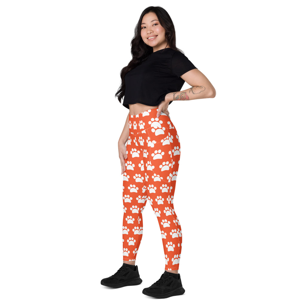 Women’s Bright Orange Paw Print Yoga Leggings With Pockets – High-Waisted, Soft Compression Active Pants