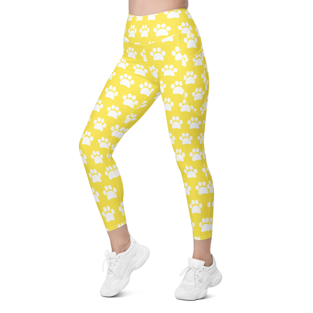 Women’s Yellow Paw Print Yoga Leggings With Pockets – High-Waisted, Soft Compression Active Pants