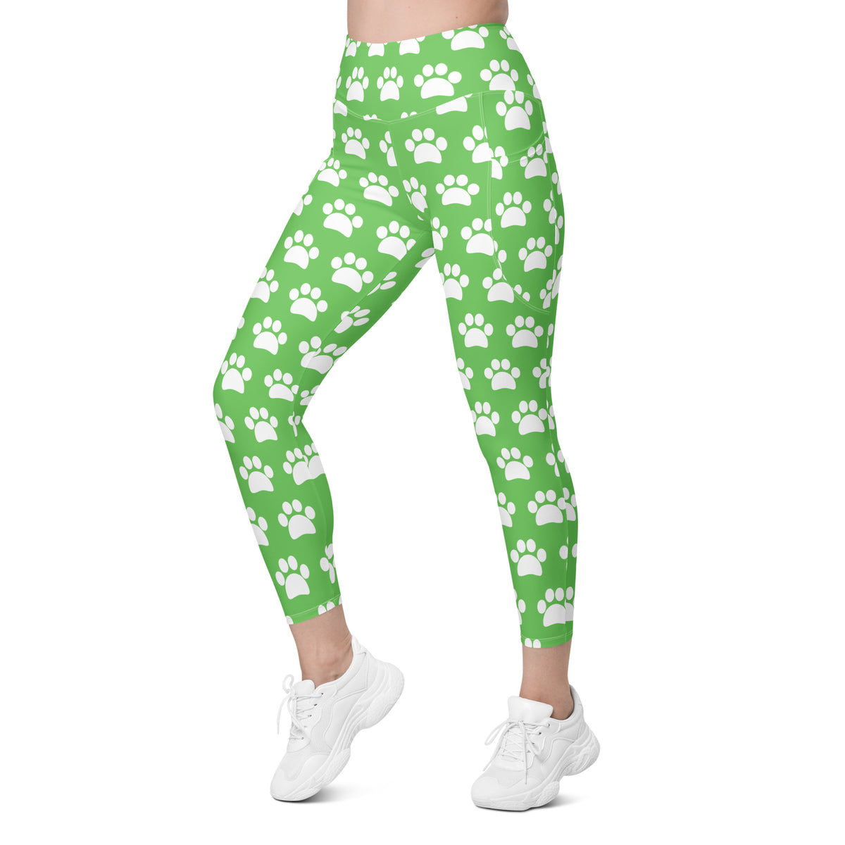 Women’s Green Paw Print Yoga Leggings With Pockets – High-Waisted, Soft Compression Active Pants