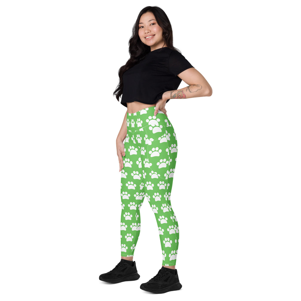 Women’s Green Paw Print Yoga Leggings With Pockets – High-Waisted, Soft Compression Active Pants