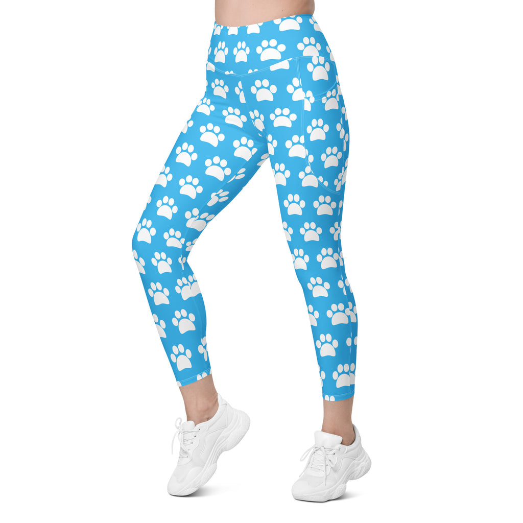 Women’s Light Blue Paw Print Yoga Leggings With Pockets – High-Waisted, Soft Compression Active Pants