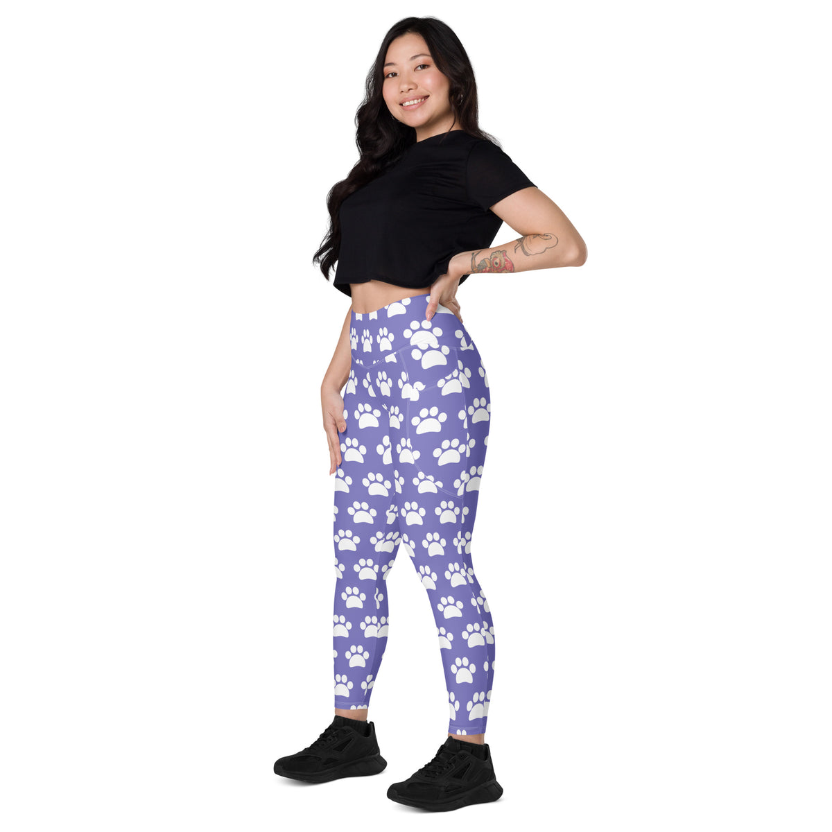 Women’s Purple Paw Print Yoga Leggings With Pockets – High-Waisted, Soft Compression Active Pants
