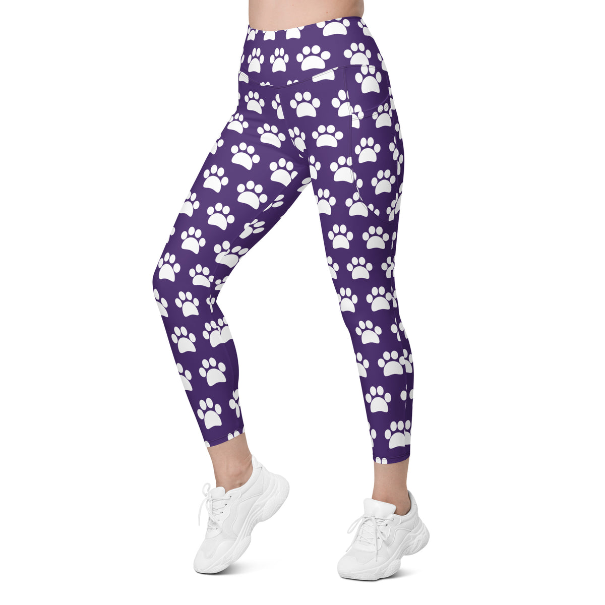 Women’s Dark Purple Paw Print Yoga Leggings With Pockets – High-Waisted, Soft Compression Active Pants