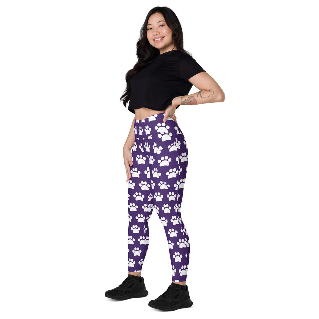 Women’s Dark Purple Paw Print Yoga Leggings With Pockets – High-Waisted, Soft Compression Active Pants