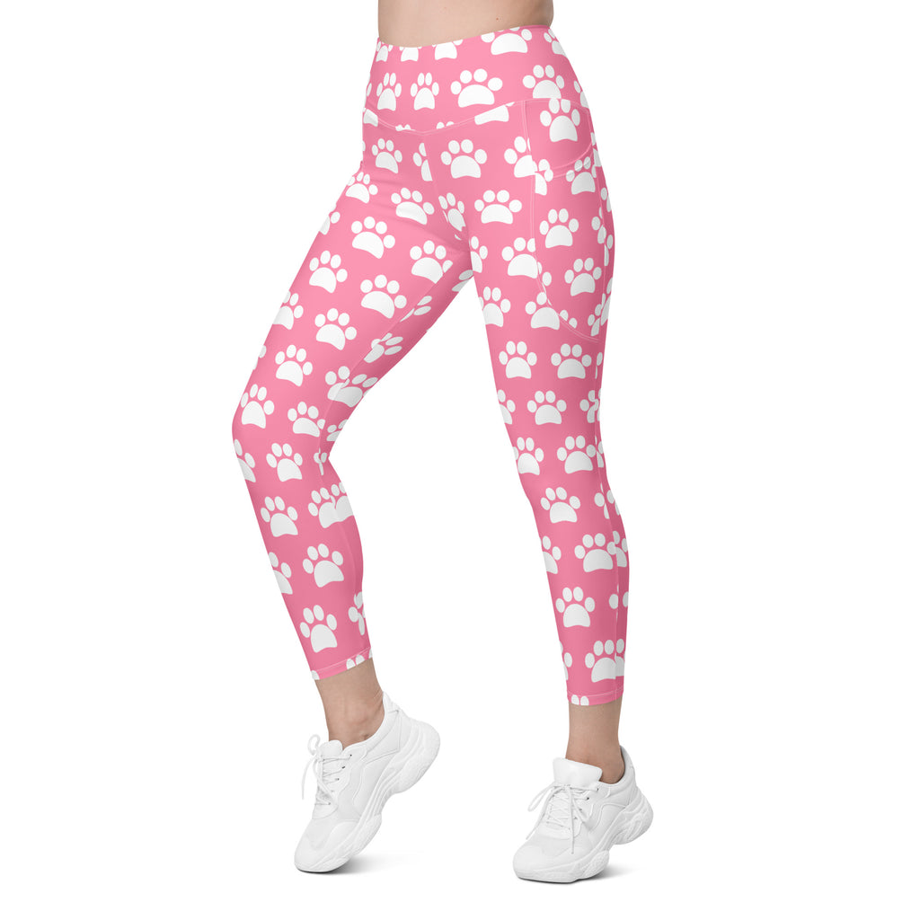 Women’s Pink Paw Print Yoga Leggings With Pockets – High-Waisted, Soft Compression Active Pants