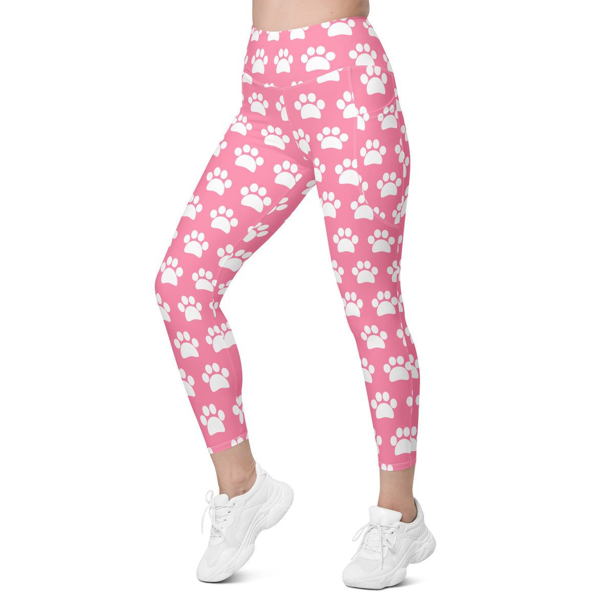 Women’s Pink Paw Print Yoga Leggings With Pockets – High-Waisted, Soft Compression Active Pants