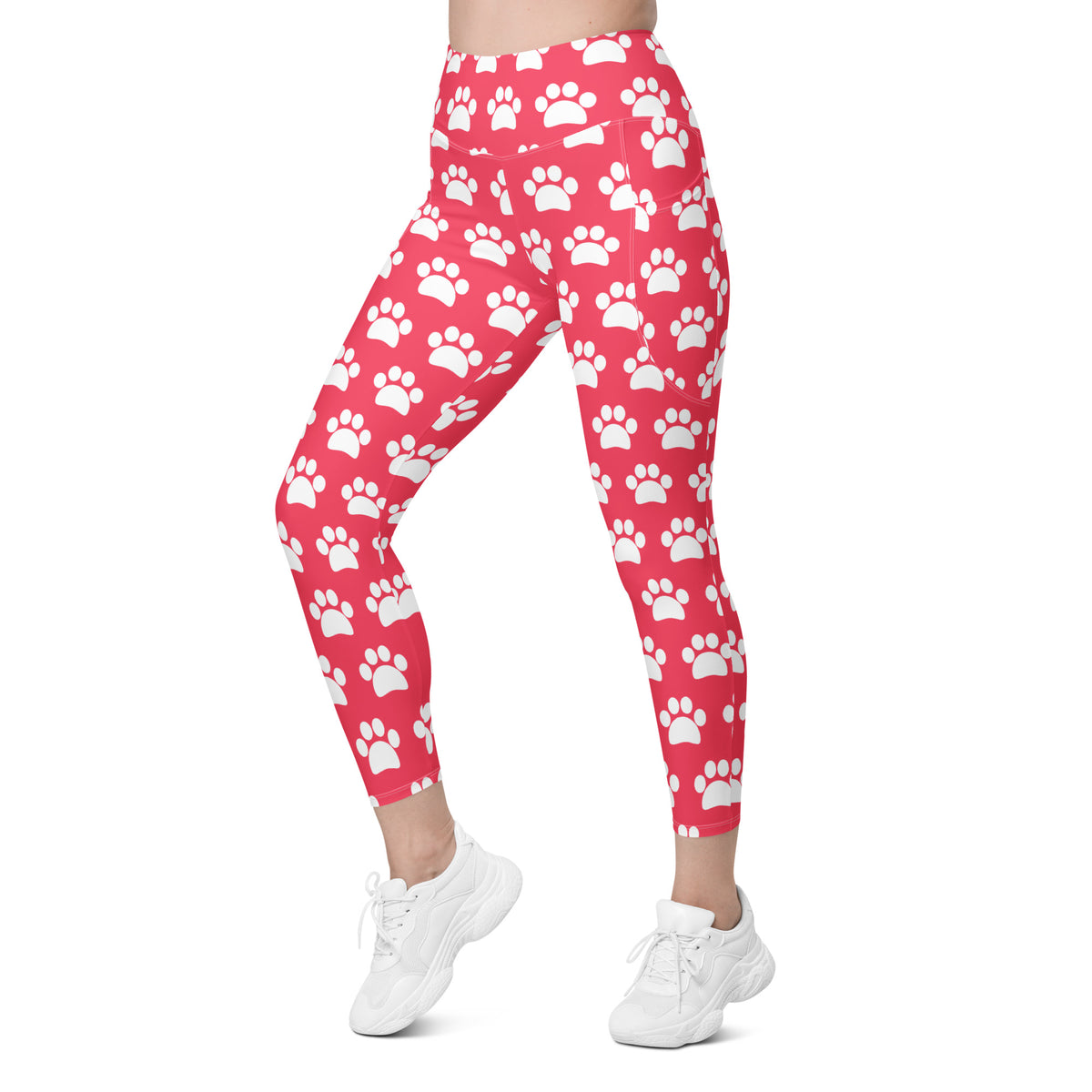 Women’s Bright Pink Paw Print Yoga Leggings With Pockets – High-Waisted, Soft Compression Active Pants
