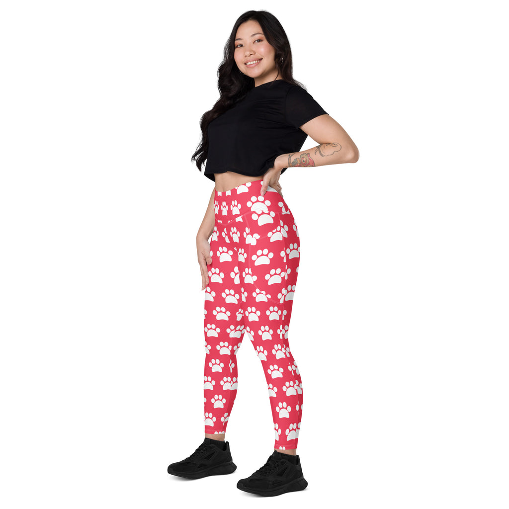Women’s Bright Pink Paw Print Yoga Leggings With Pockets – High-Waisted, Soft Compression Active Pants