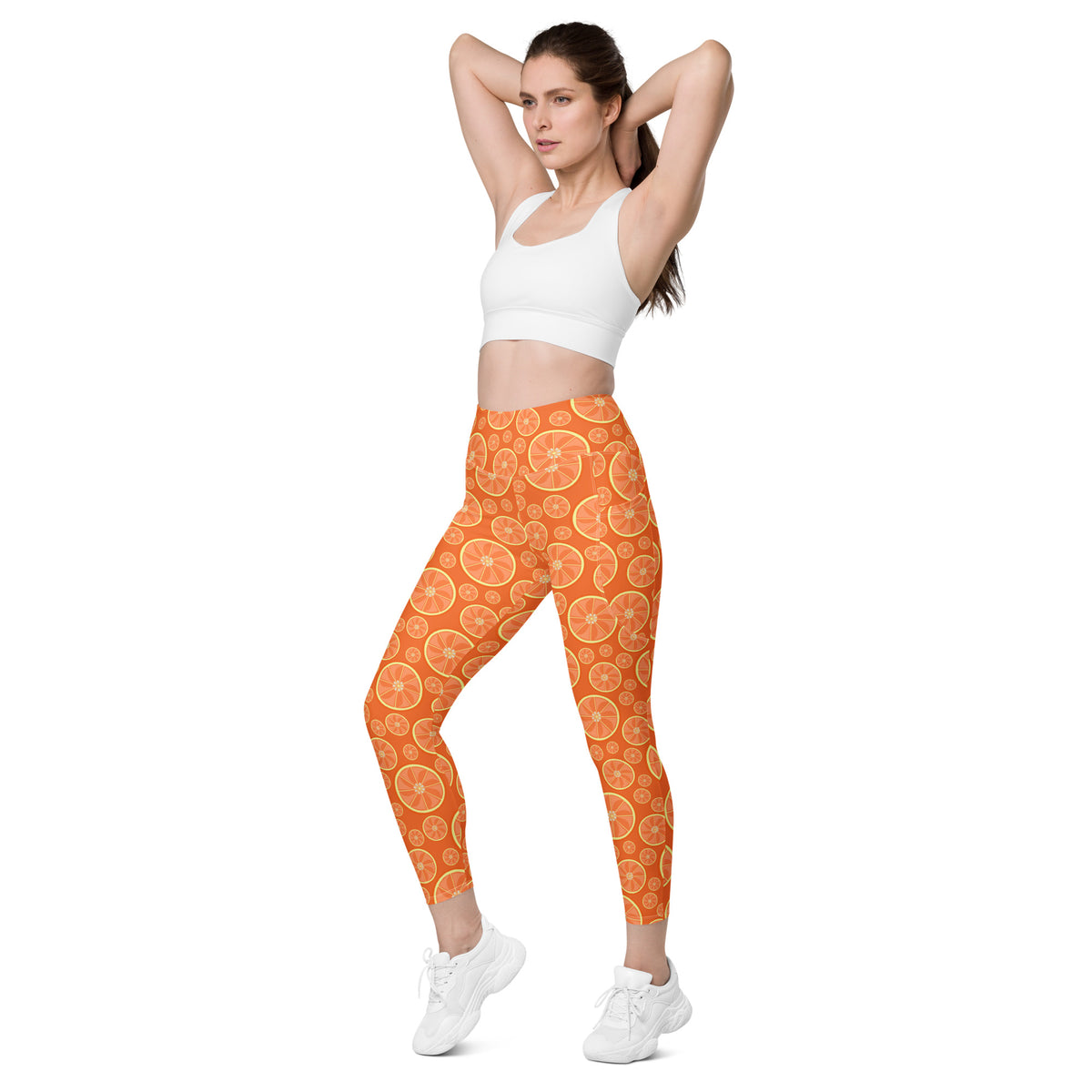 Women’s Orange Citrus Yoga Leggings With Pockets – High-Waisted, Soft Compression Active Pants