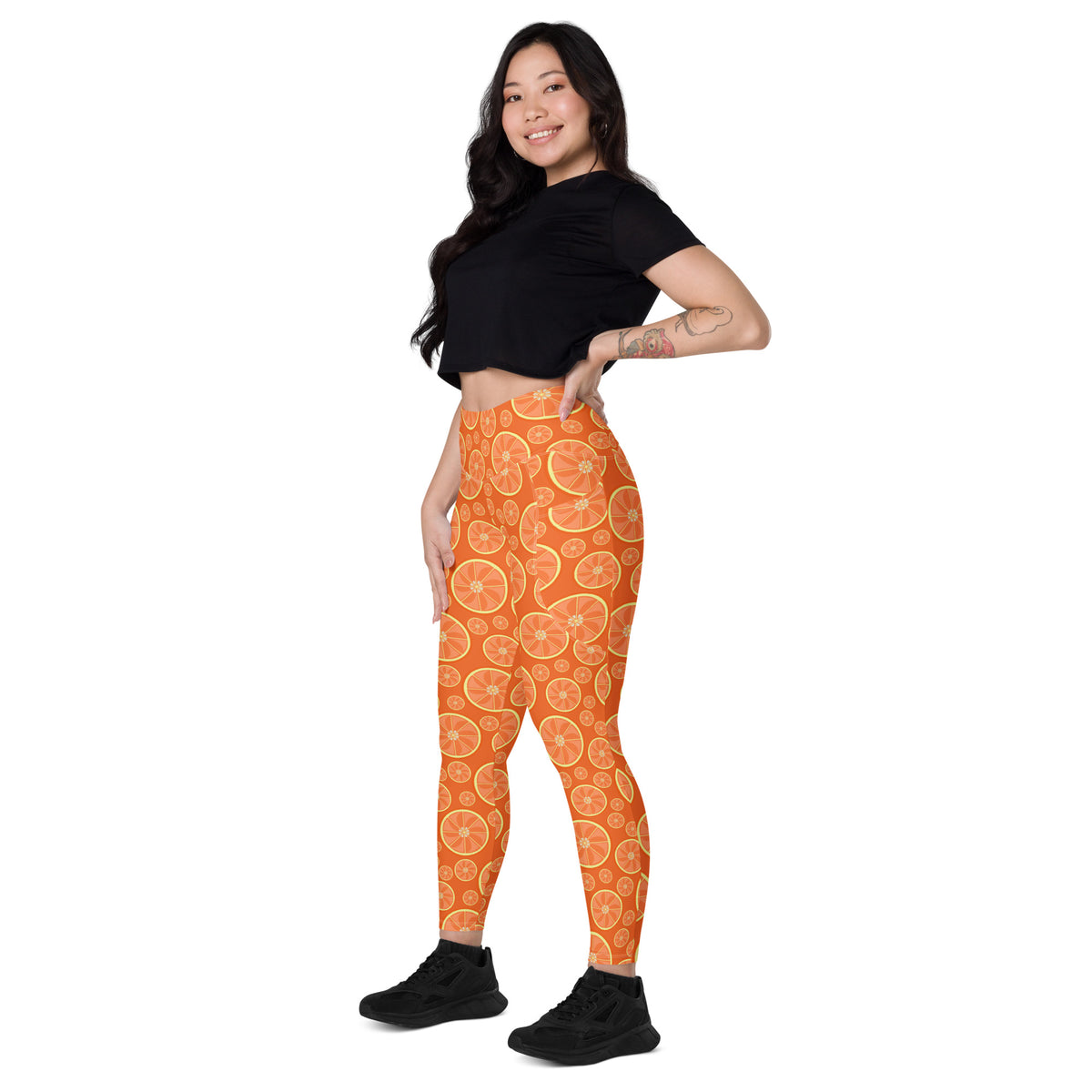 Women’s Orange Citrus Yoga Leggings With Pockets – High-Waisted, Soft Compression Active Pants
