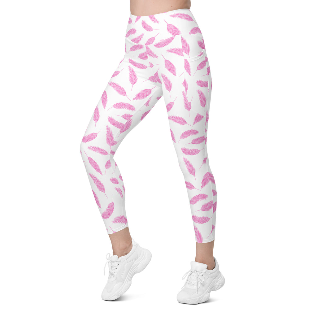 Women’s Pink Flamingo Feather Yoga Leggings With Pockets – High-Waisted, Soft Compression Active Pants