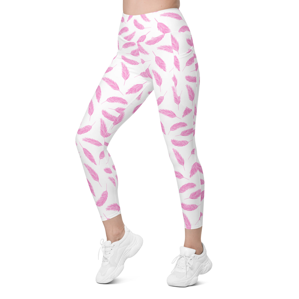 Women’s Pink Flamingo Feather Yoga Leggings With Pockets – High-Waisted, Soft Compression Active Pants