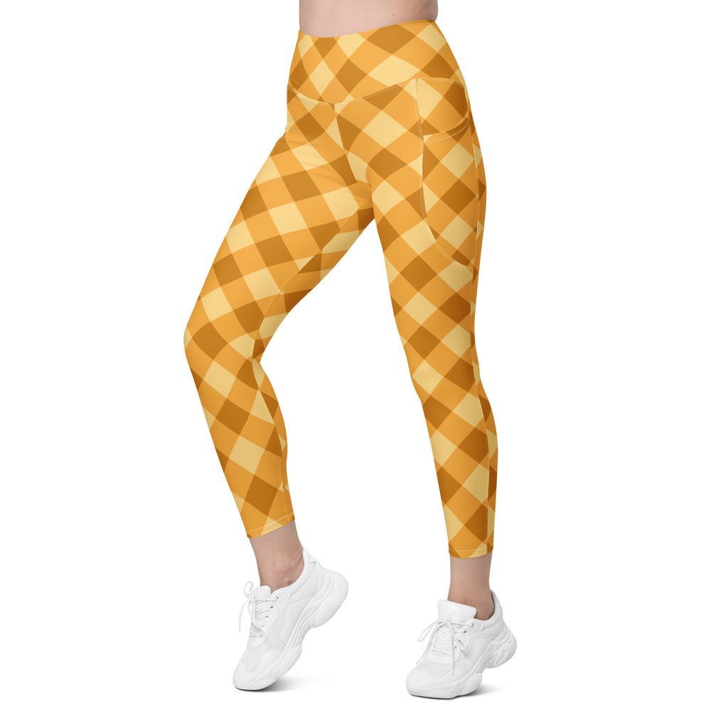 Women’s Mustard Yellow Plaid Yoga Leggings With Pockets – High-Waisted, Soft Compression Active Pants