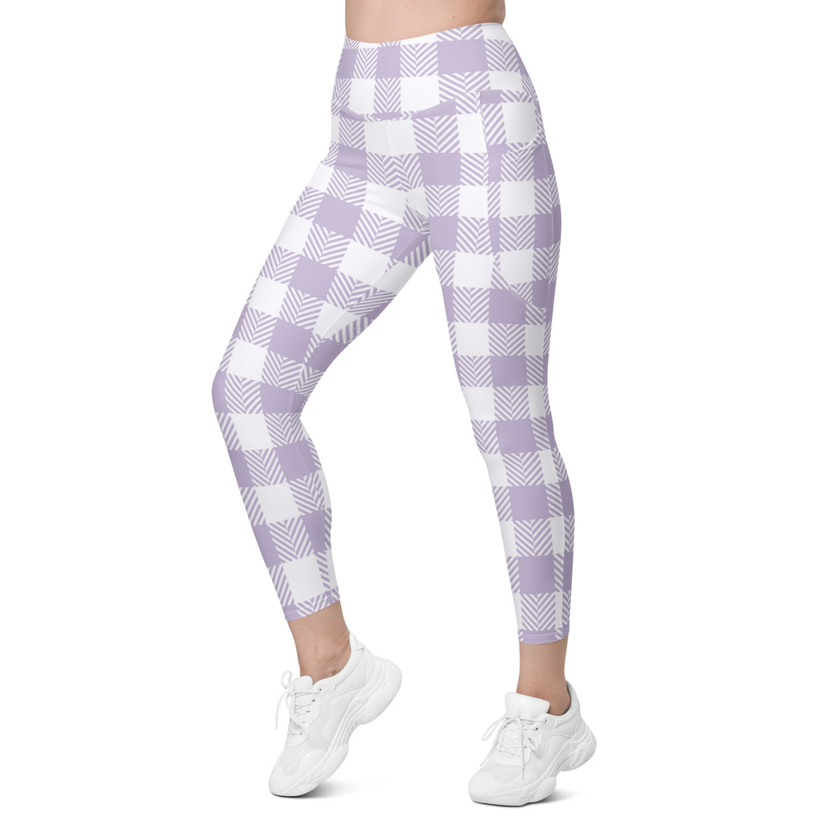 Women’s Lavender Gingham Yoga Leggings With Pockets – High-Waisted, Soft Compression Active Pants