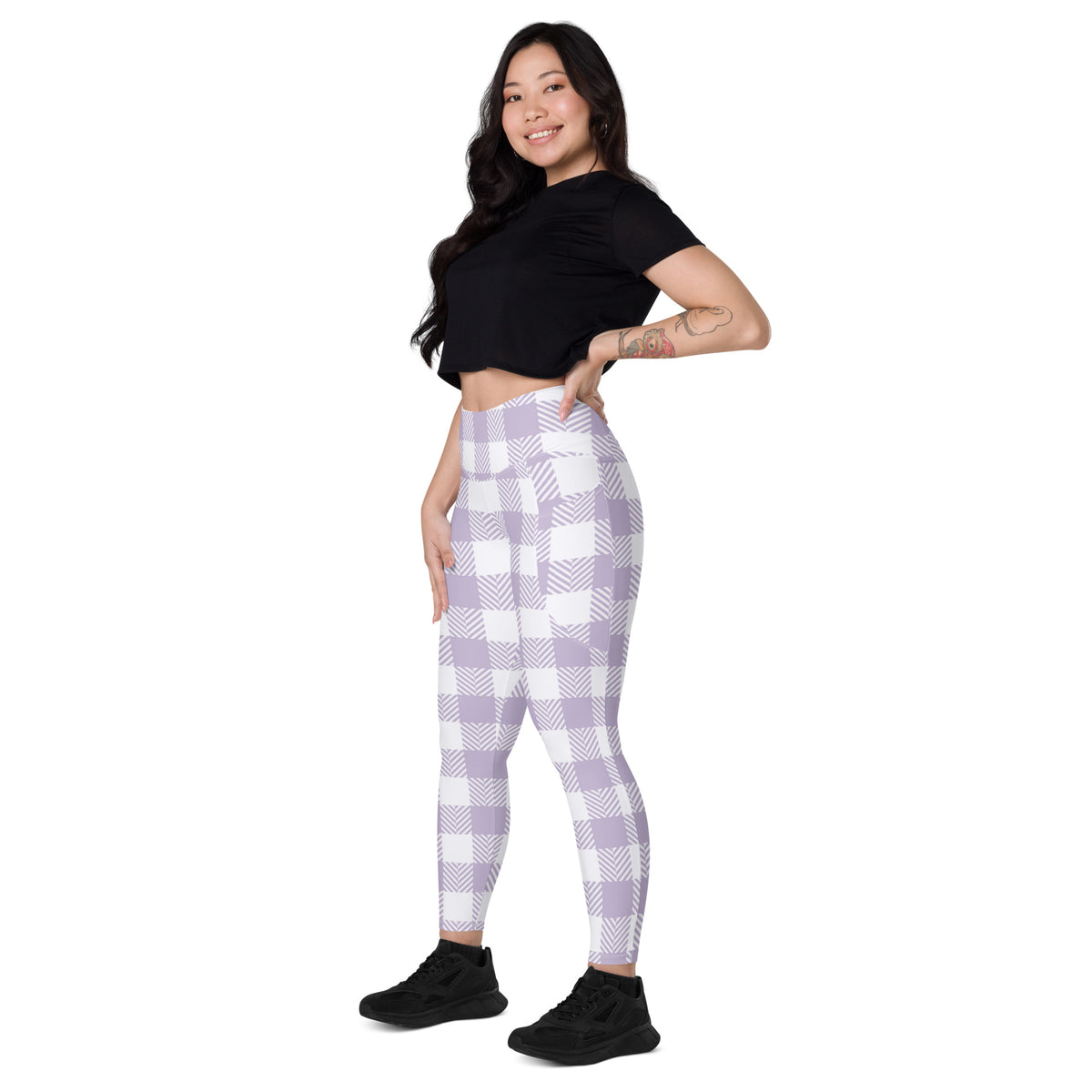 Women’s Lavender Gingham Yoga Leggings With Pockets – High-Waisted, Soft Compression Active Pants