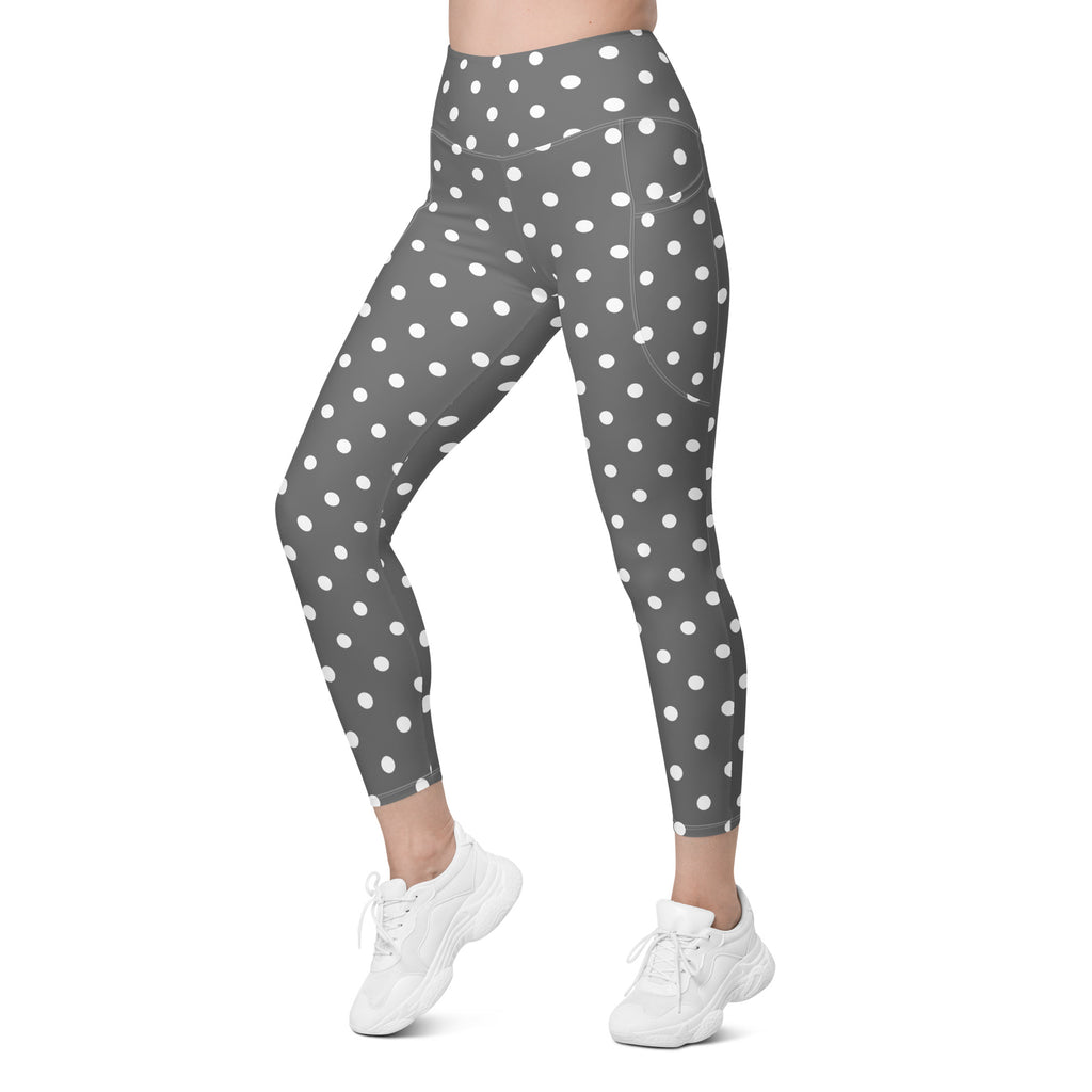 Women’s Gray Polka Dot Yoga Leggings With Pockets – High-Waisted, Soft Compression Active Pants